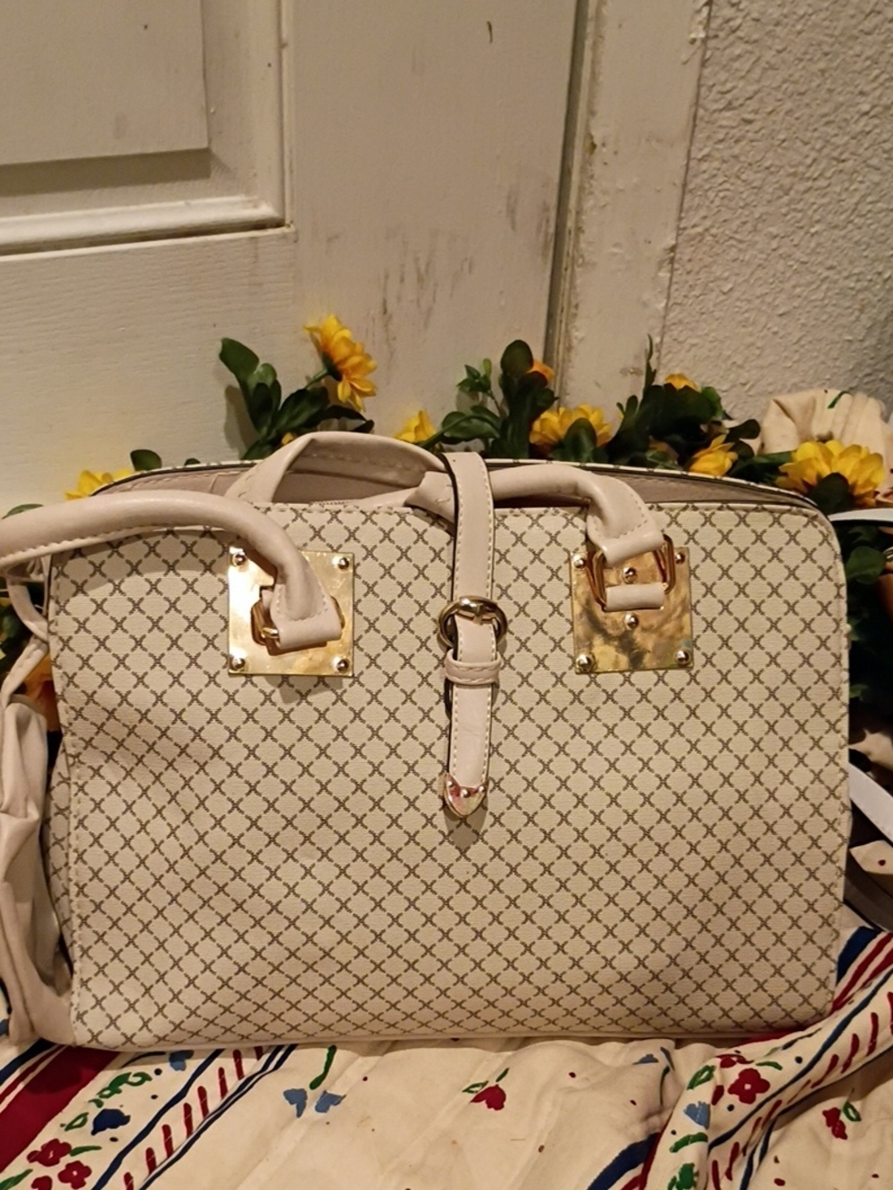 Structured Cream Satchel with Gold-Tone Accents
